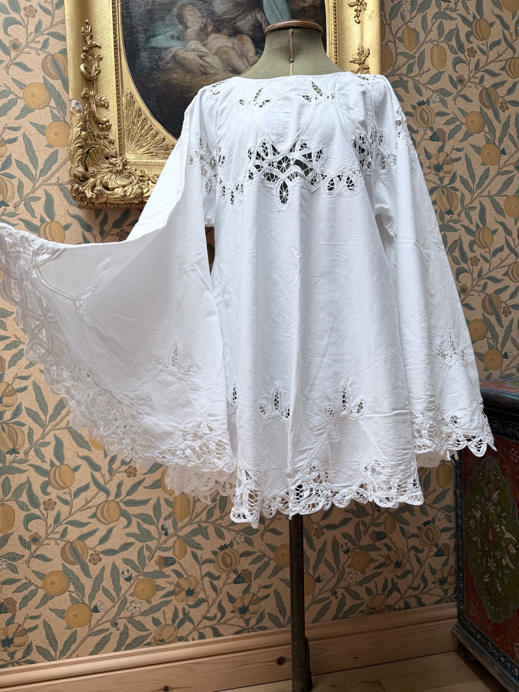 Vintage Cotton Lace Cut Out Bell Sleeve Mini Dress | The Tablecloth Collection