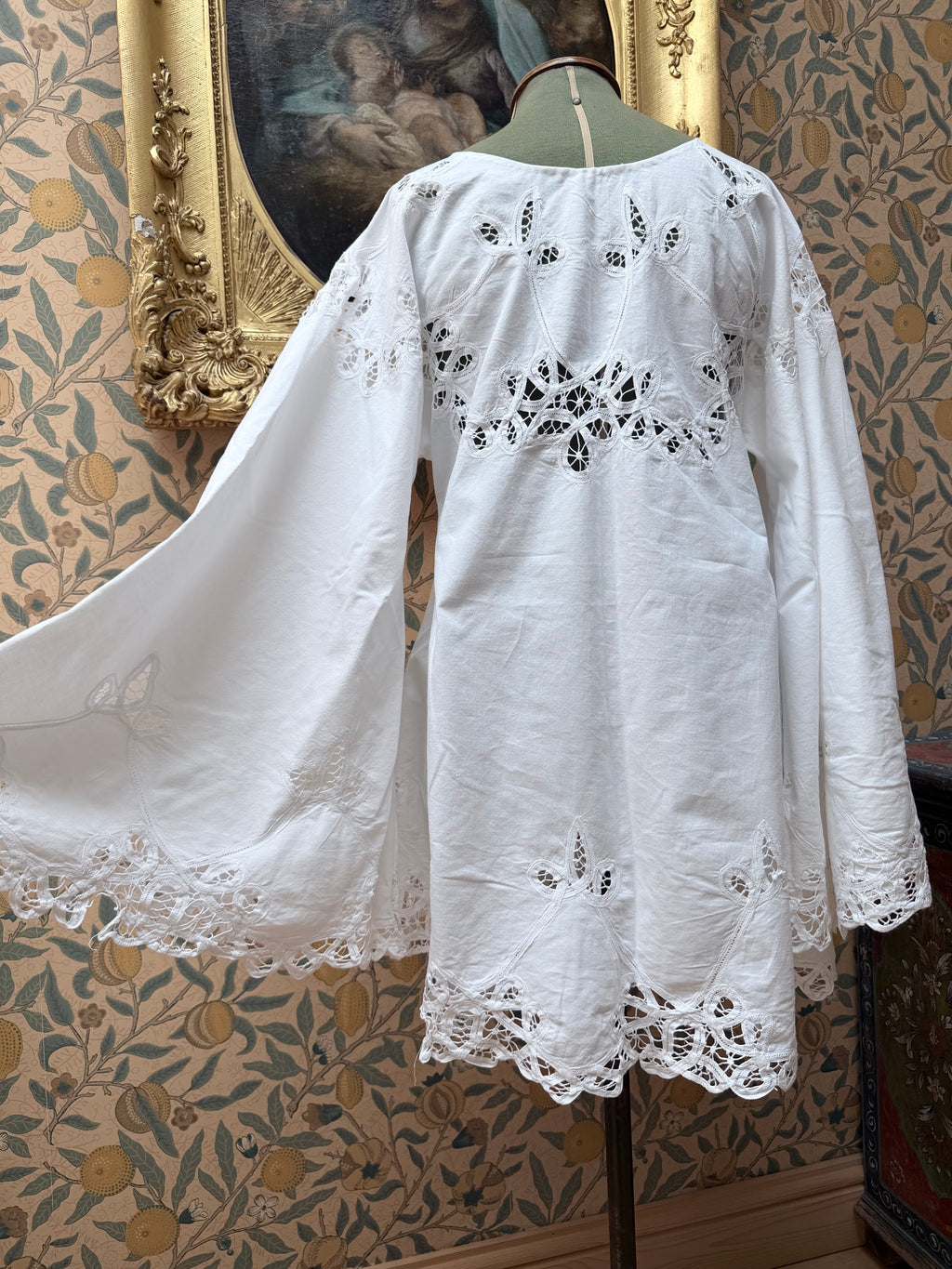 Vintage Cotton Lace Cut Out Bell Sleeve Mini Dress | The Tablecloth Collection