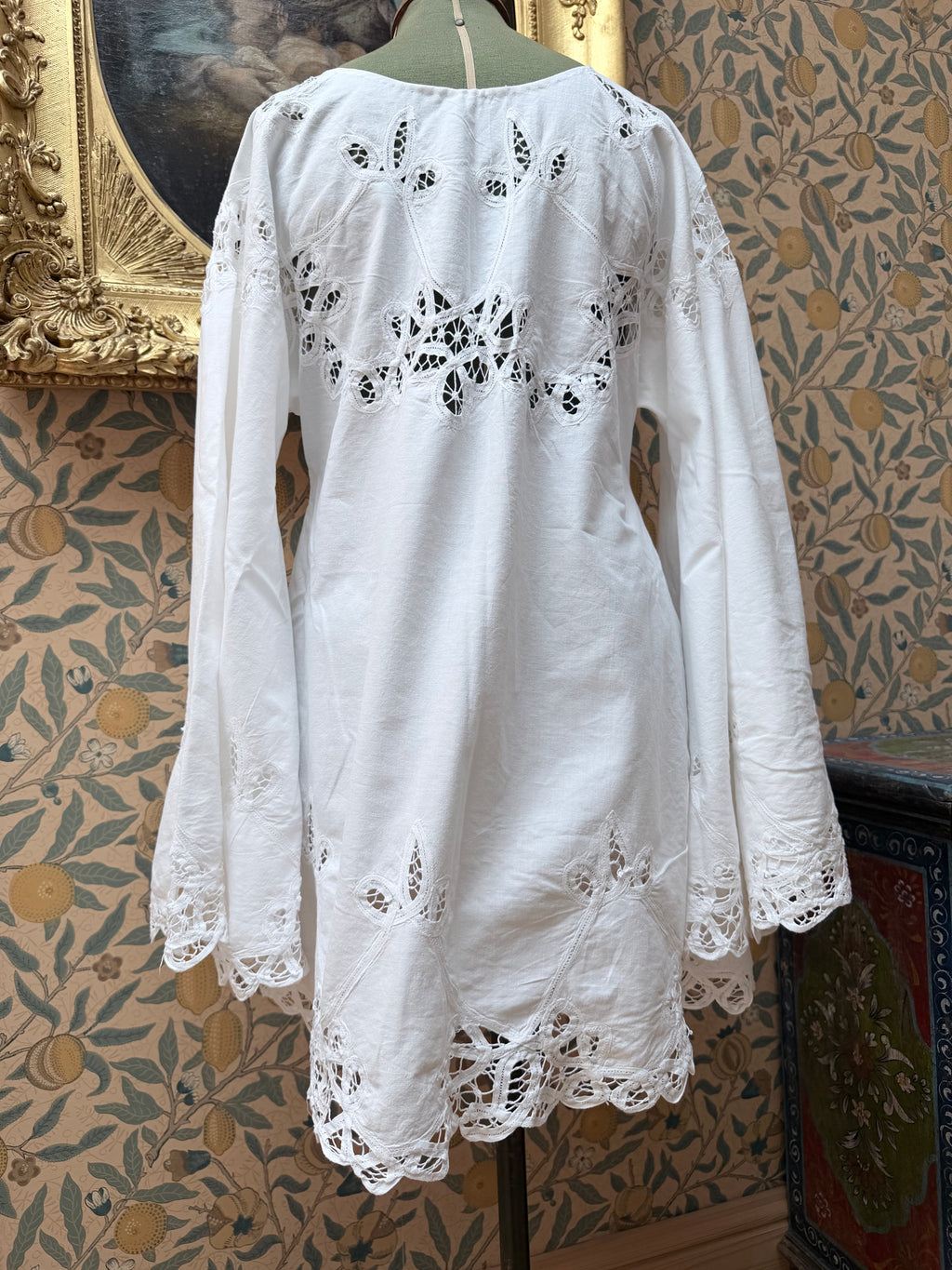 Vintage Cotton Lace Cut Out Bell Sleeve Mini Dress | The Tablecloth Collection