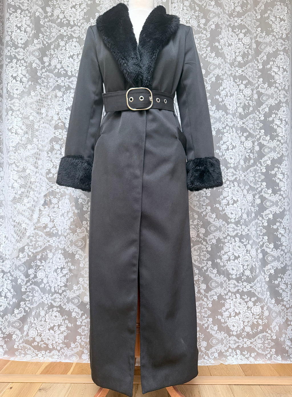 Vintage 1970s Black Faux Fur Trim Maxi Coat