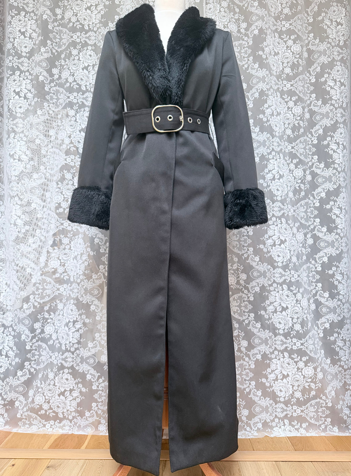 Vintage 1970s Black Faux Fur Trim Maxi Coat