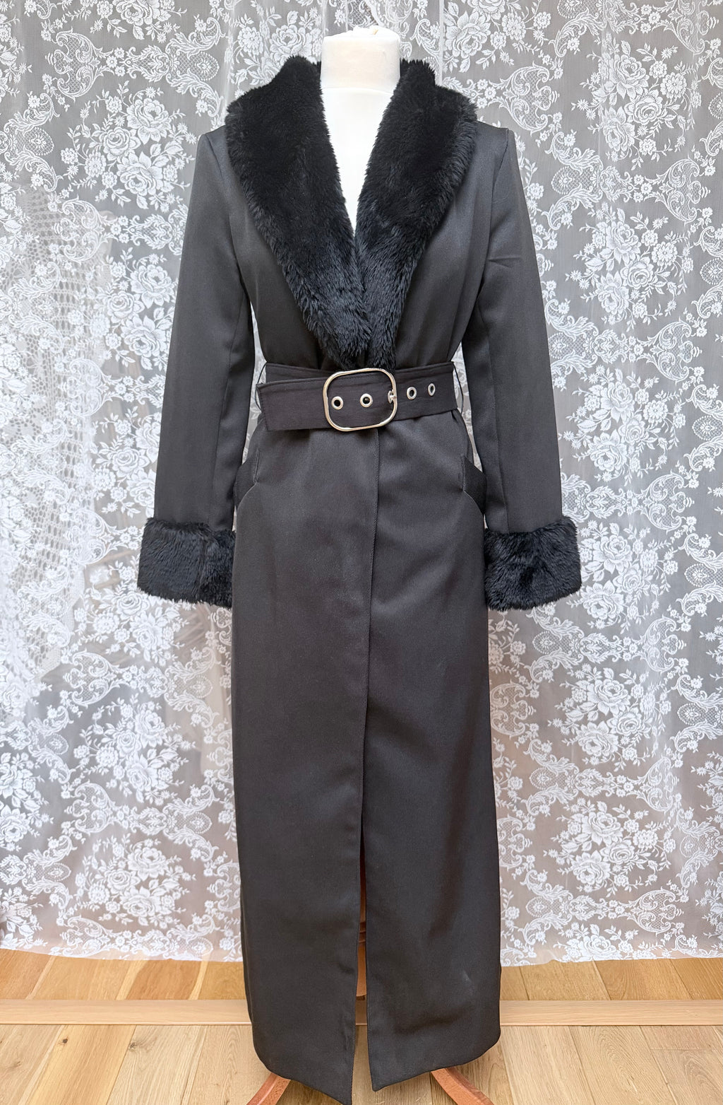 Vintage 1970s Black Faux Fur Trim Maxi Coat