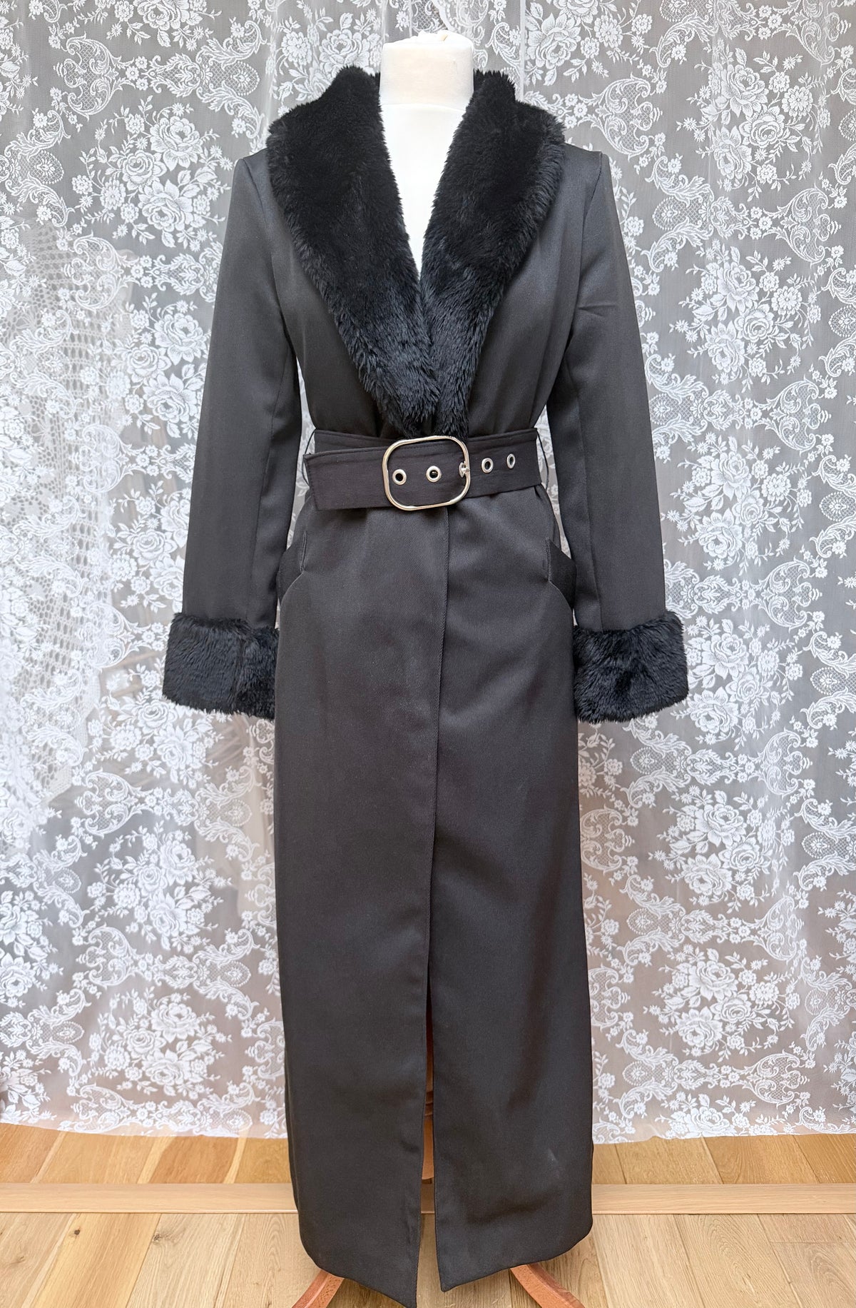 Vintage 1970s Black Faux Fur Trim Maxi Coat