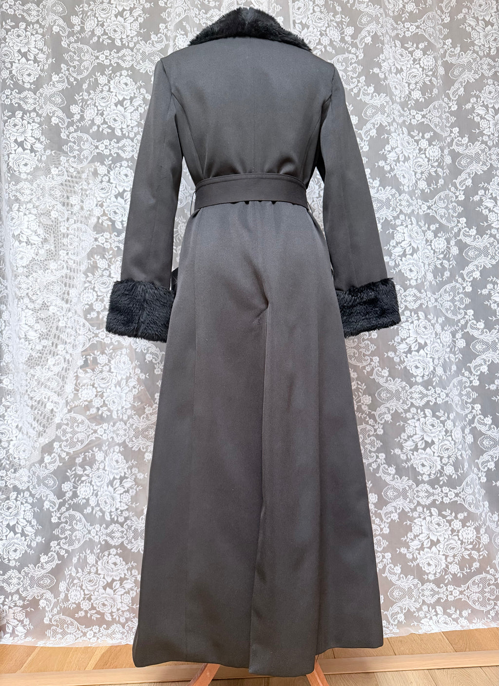 Vintage 1970s Black Faux Fur Trim Maxi Coat