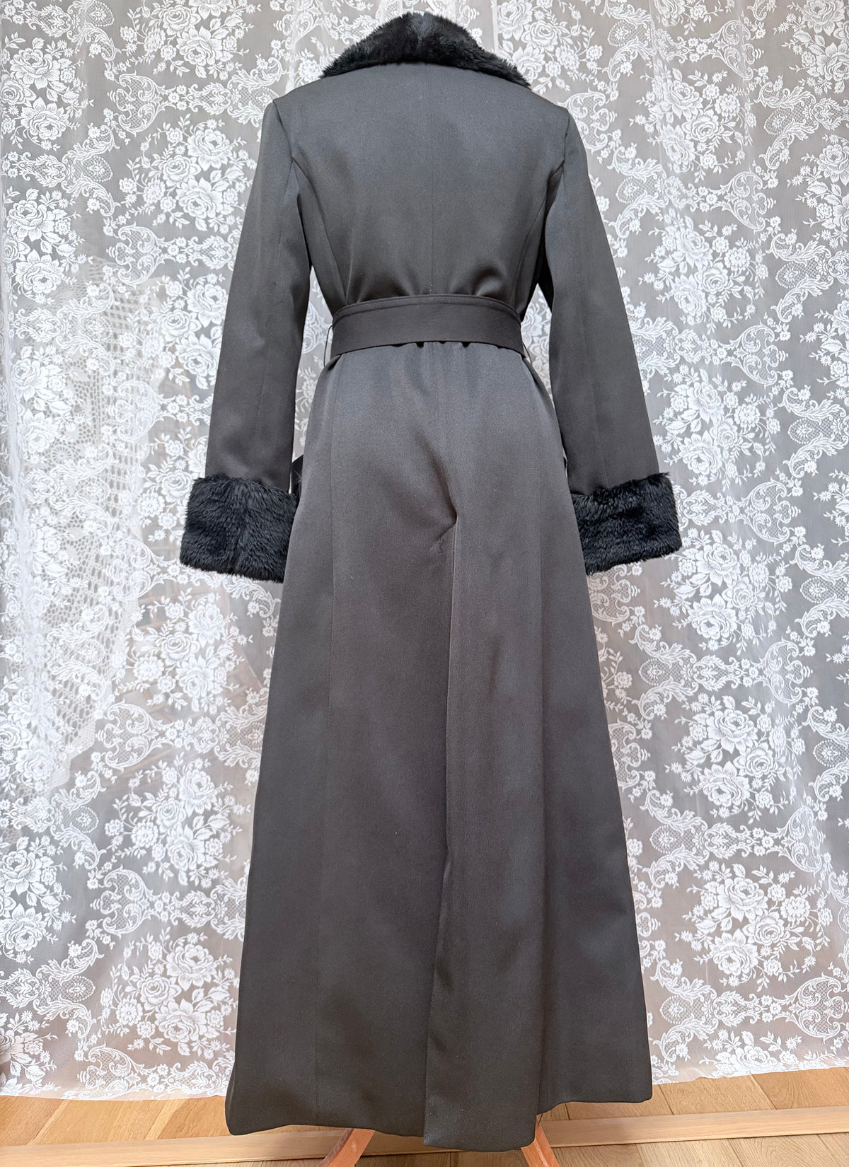 Vintage 1970s Black Faux Fur Trim Maxi Coat