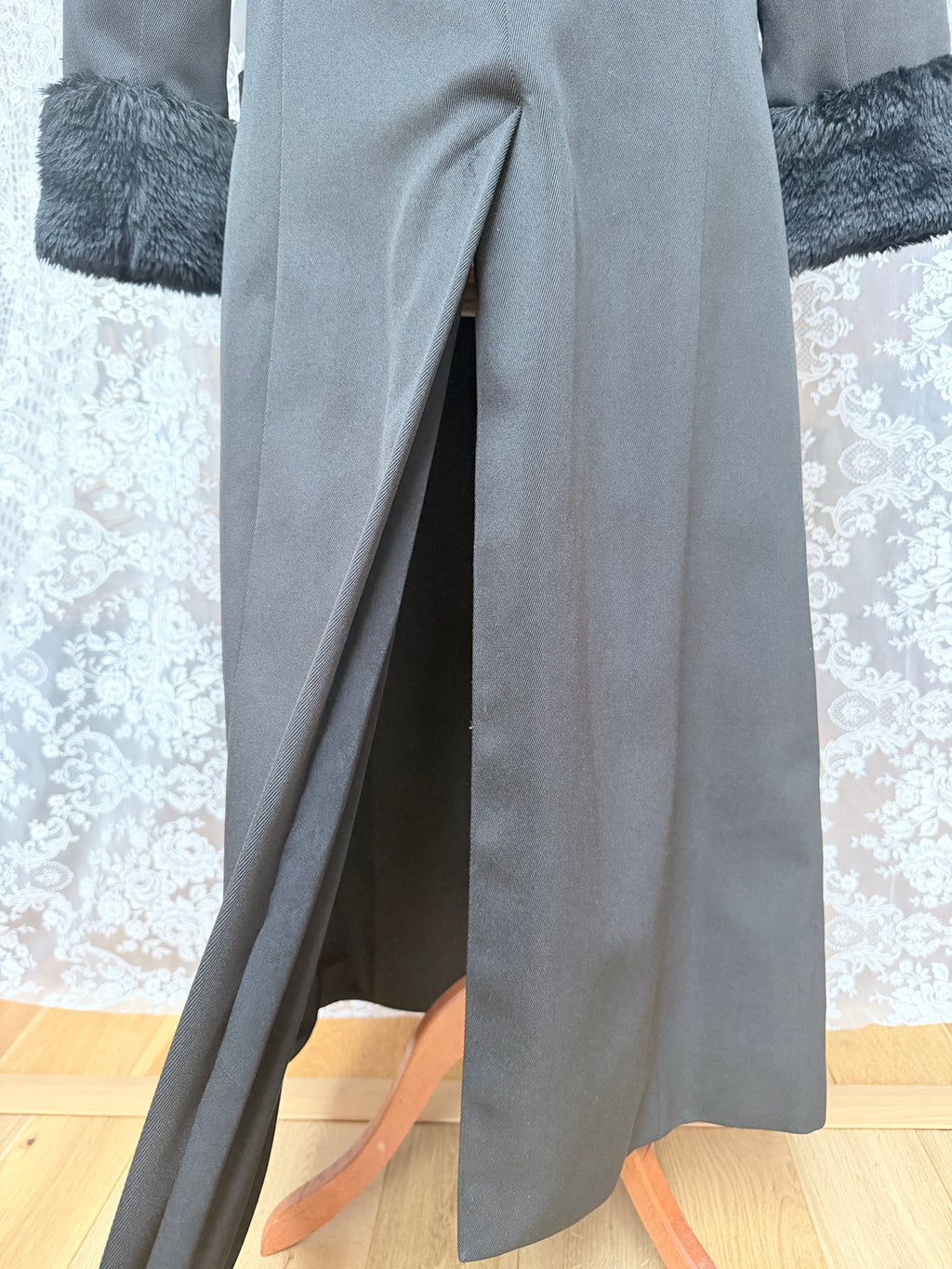 Vintage 1970s Black Faux Fur Trim Maxi Coat