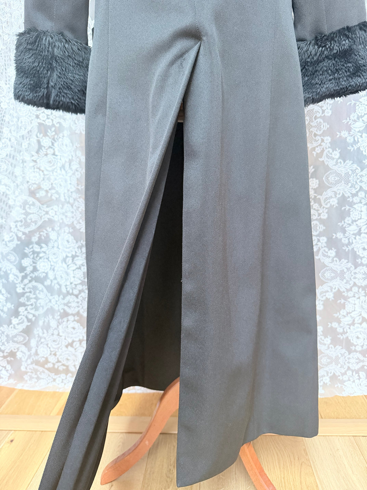 Vintage 1970s Black Faux Fur Trim Maxi Coat