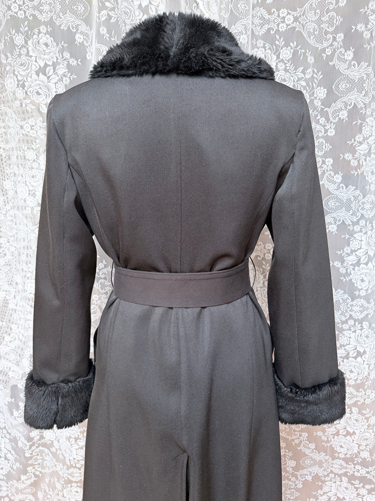 Vintage 1970s Black Faux Fur Trim Maxi Coat