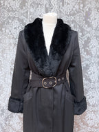 Vintage 1970s Black Faux Fur Trim Maxi Coat