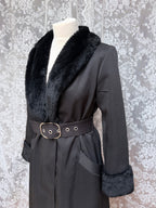 Vintage 1970s Black Faux Fur Trim Maxi Coat