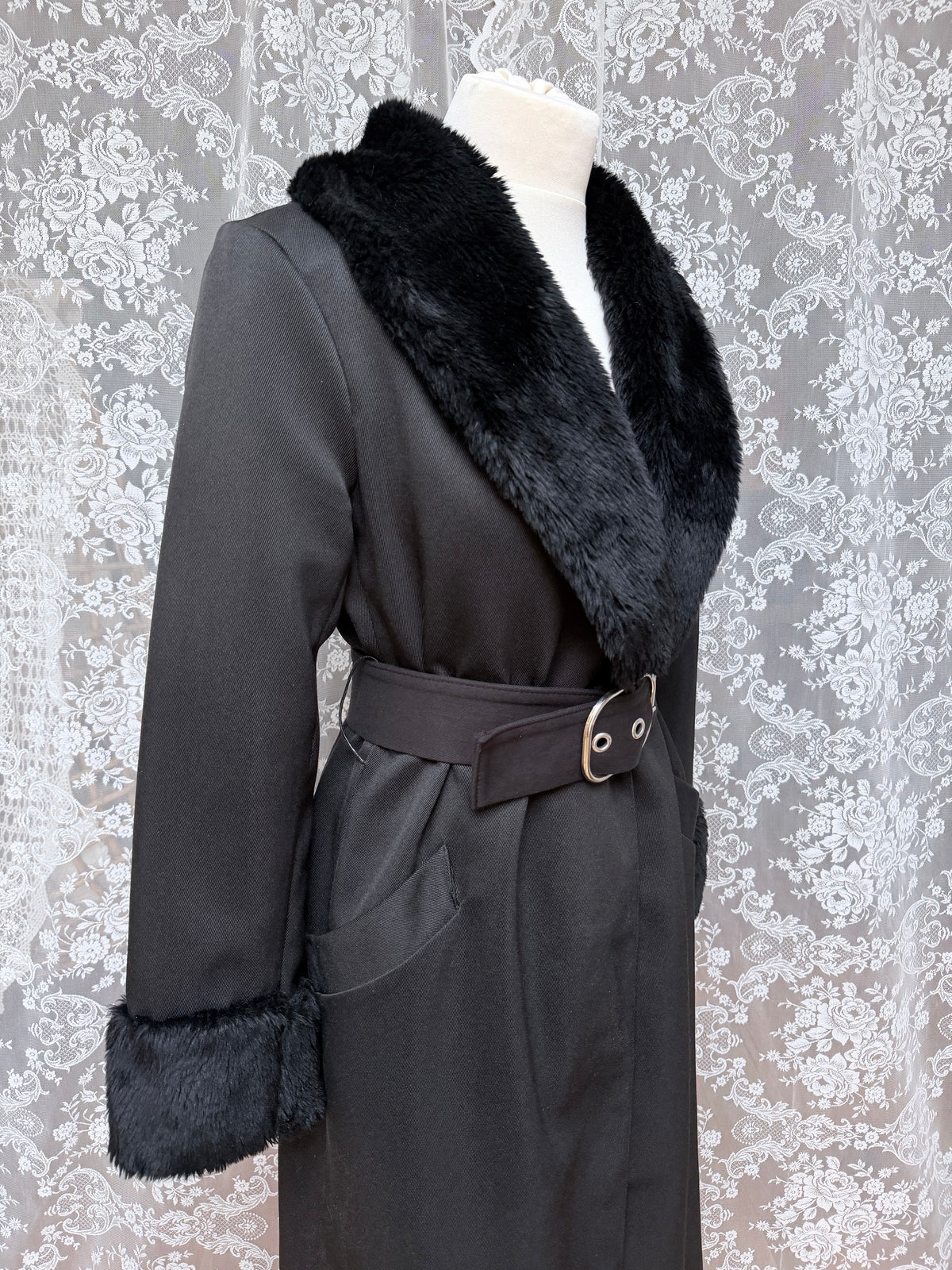 Vintage 1970s Black Faux Fur Trim Maxi Coat