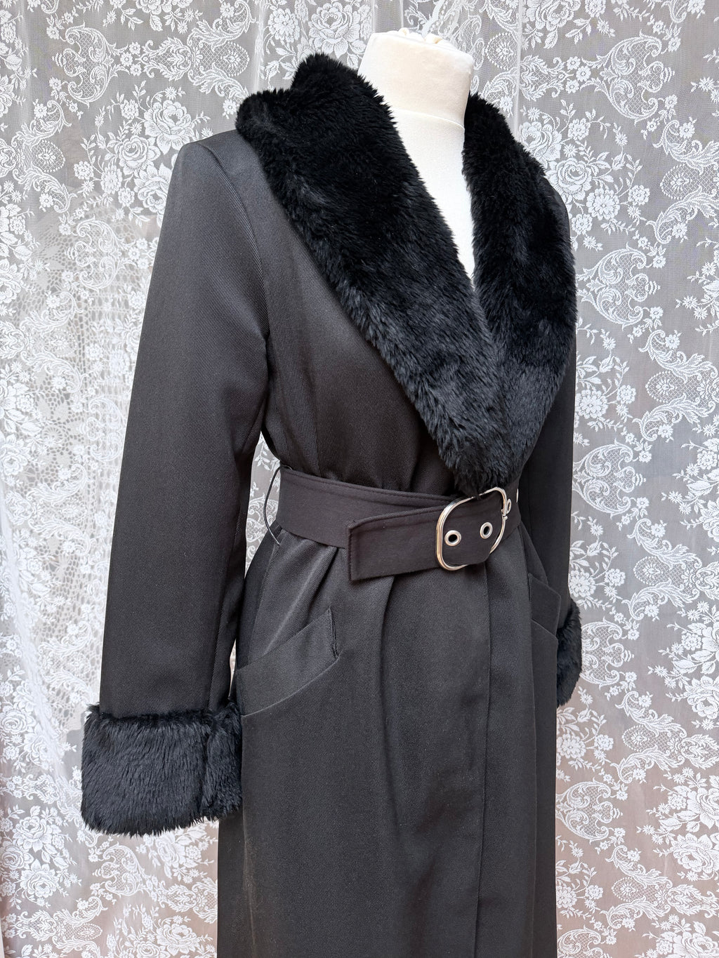 Vintage 1970s Black Faux Fur Trim Maxi Coat