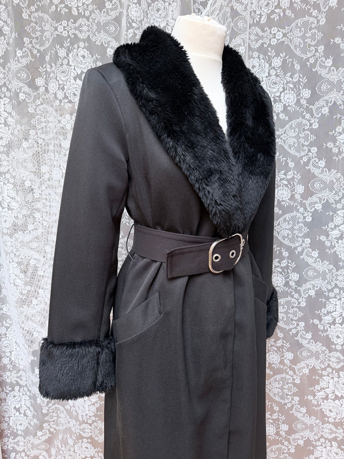Vintage 1970s Black Faux Fur Trim Maxi Coat