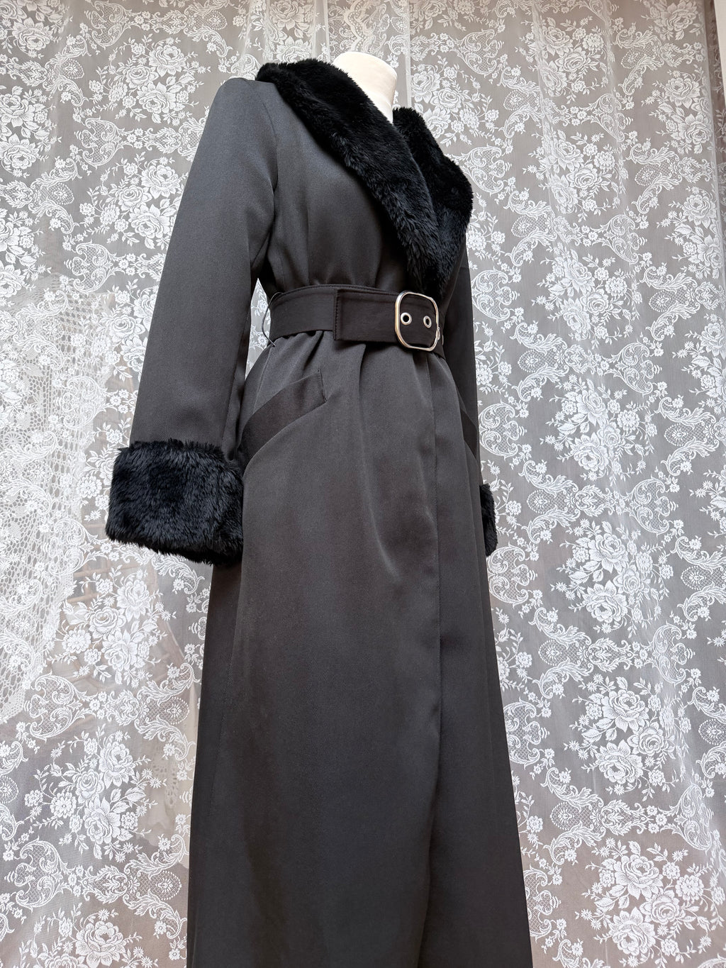 Vintage 1970s Black Faux Fur Trim Maxi Coat