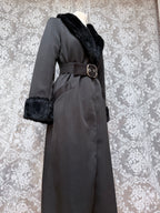 Vintage 1970s Black Faux Fur Trim Maxi Coat
