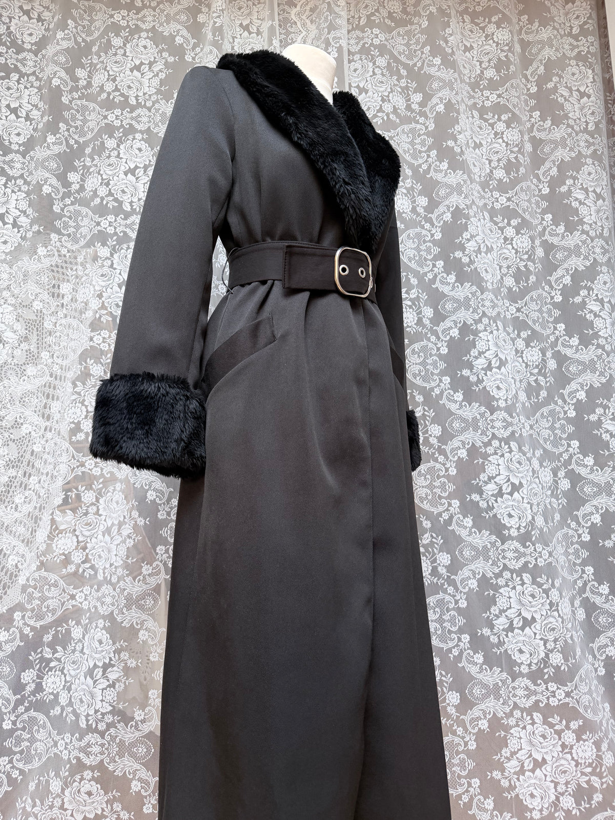 Vintage 1970s Black Faux Fur Trim Maxi Coat