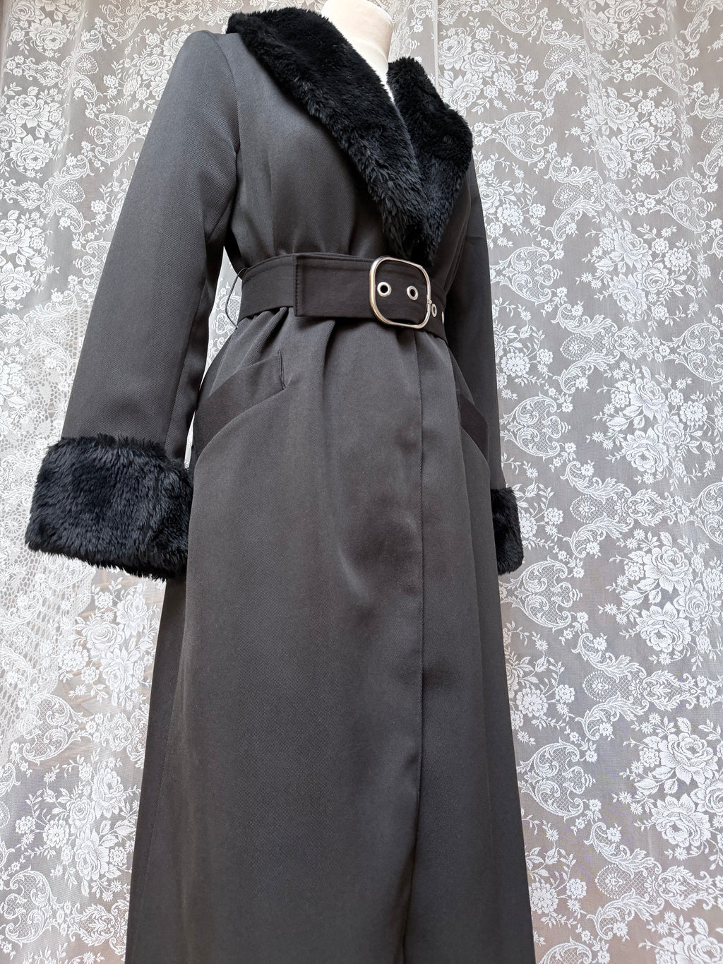 Vintage 1970s Black Faux Fur Trim Maxi Coat