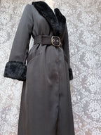 Vintage 1970s Black Faux Fur Trim Maxi Coat