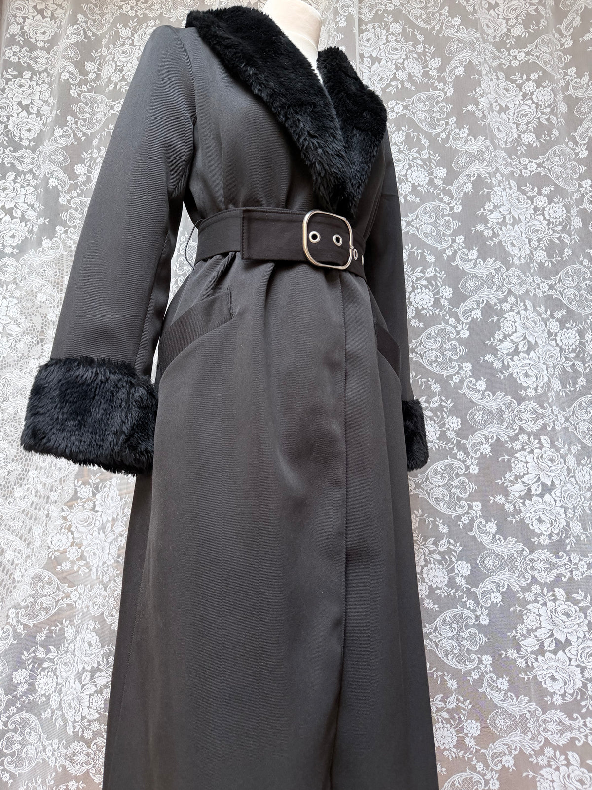 Vintage 1970s Black Faux Fur Trim Maxi Coat