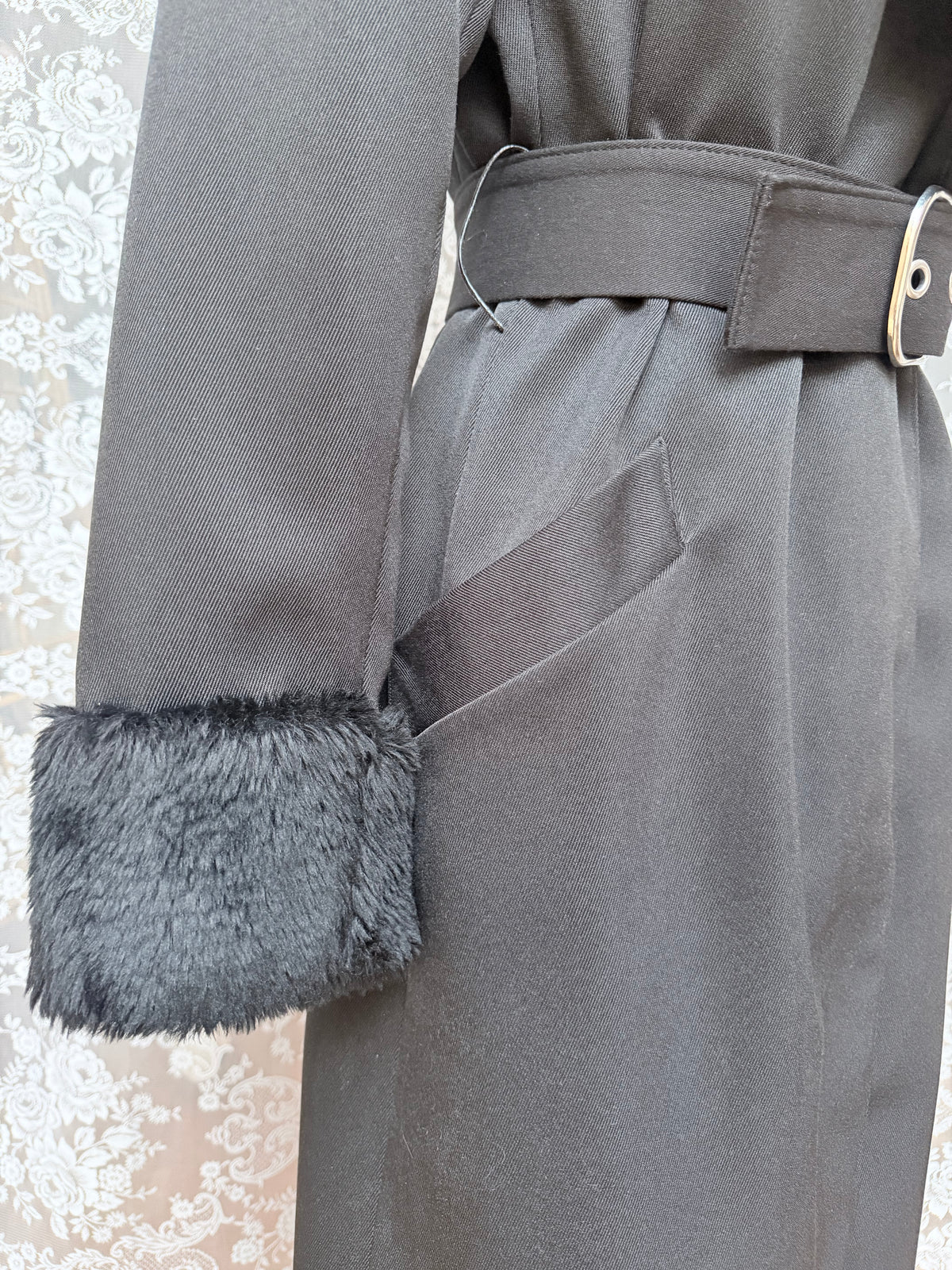 Vintage 1970s Black Faux Fur Trim Maxi Coat