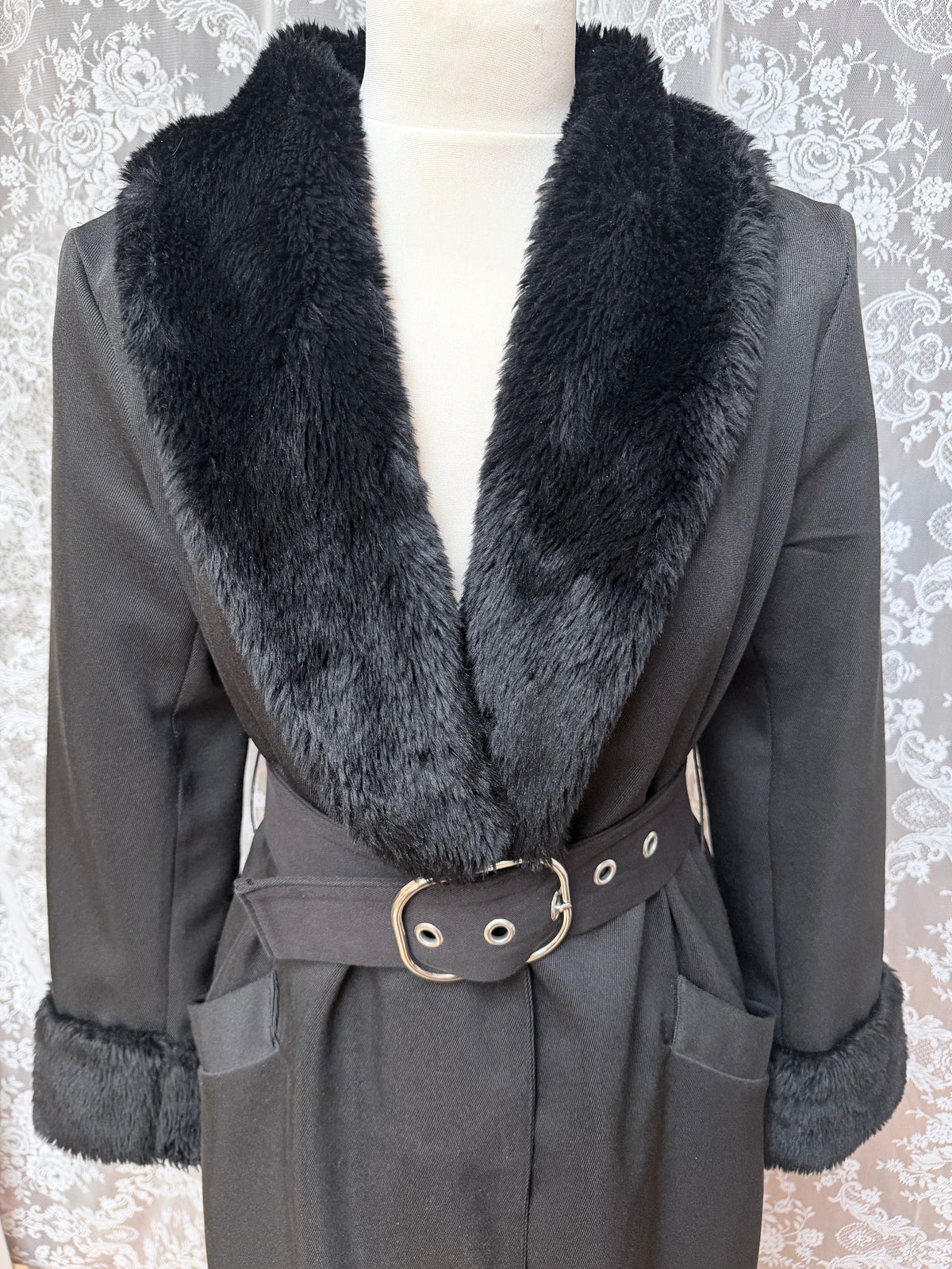 Vintage 1970s Black Faux Fur Trim Maxi Coat