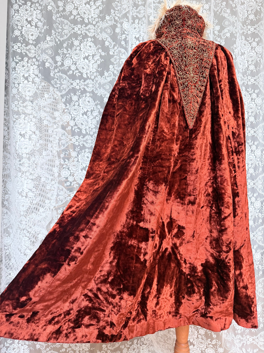 Antique Vintage Victorian Orange Velvet, Silk, & Feather Cape/Cloak