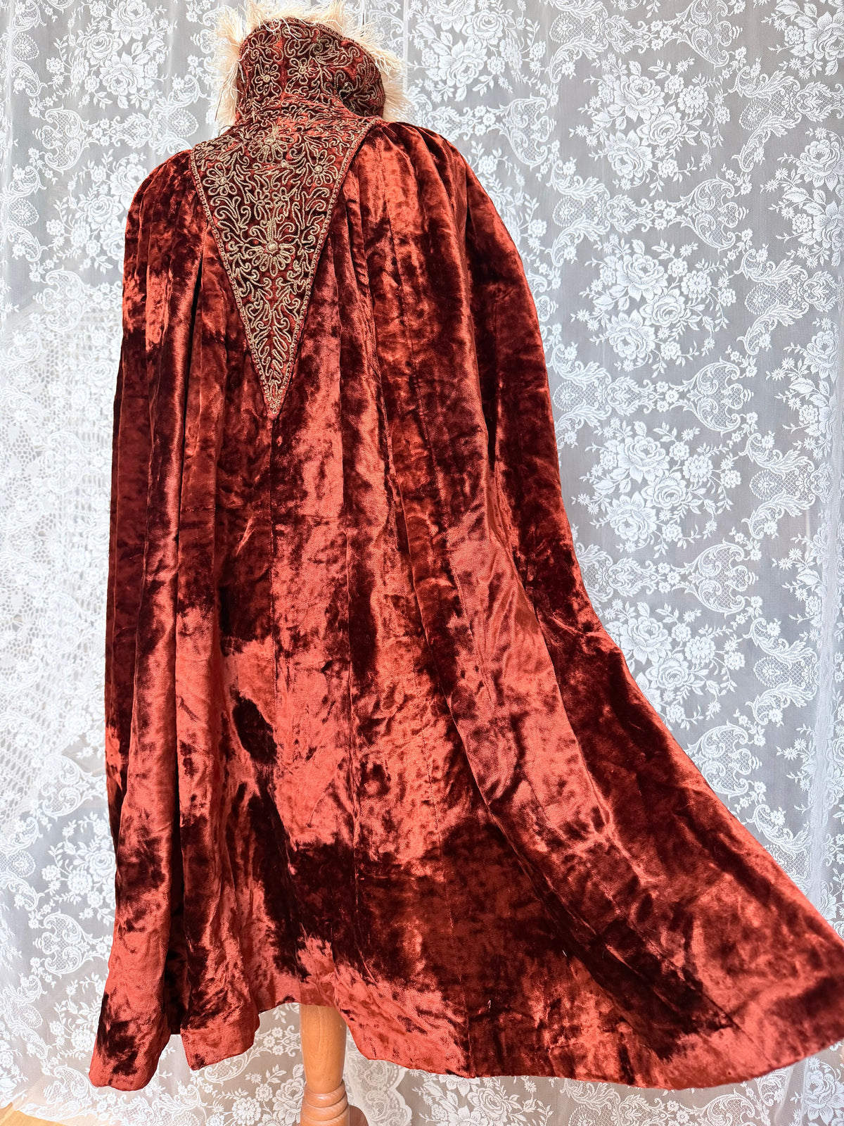 Antique Vintage Victorian Orange Velvet, Silk, & Feather Cape/Cloak