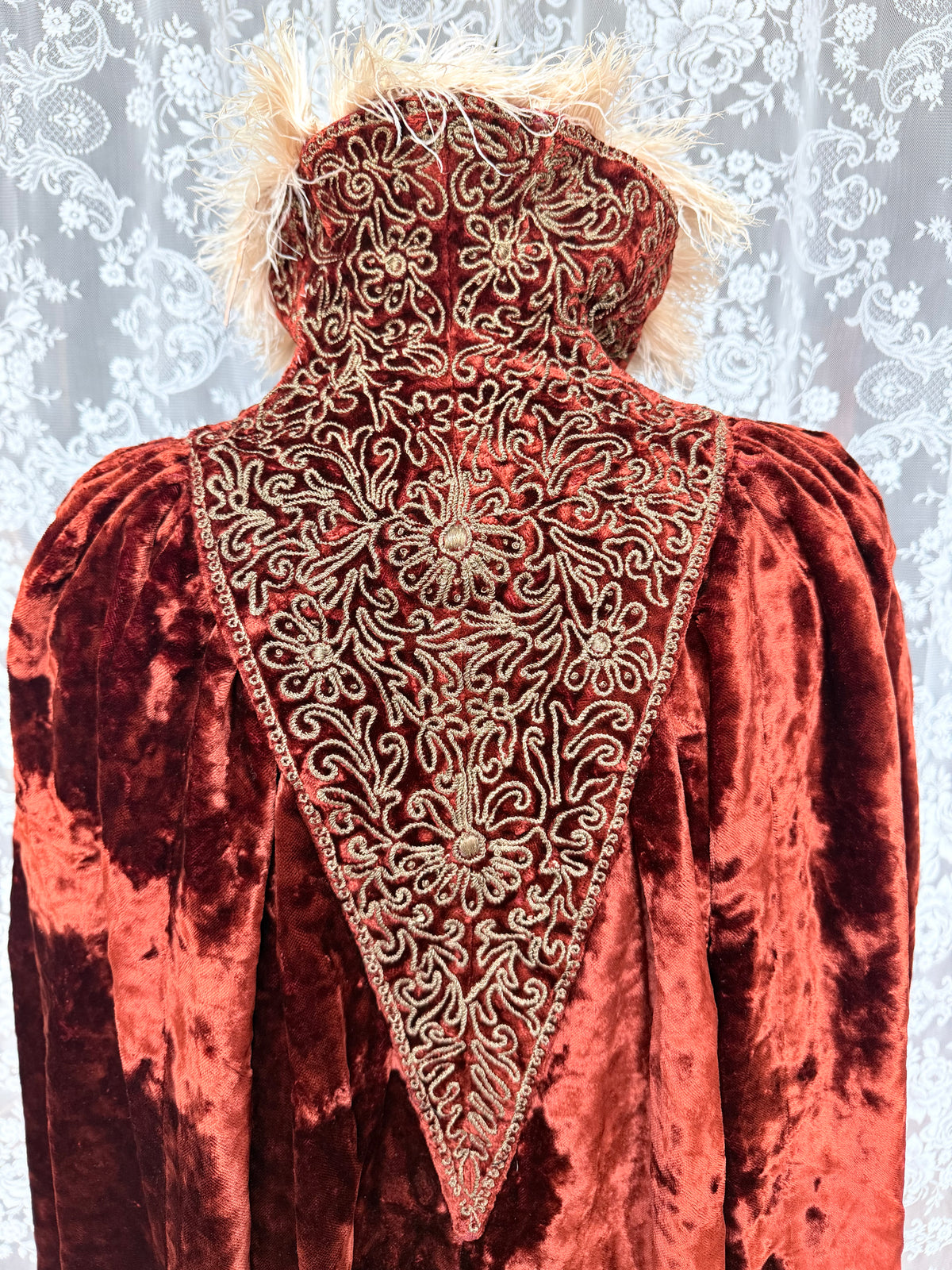 Antique Vintage Victorian Orange Velvet, Silk, & Feather Cape/Cloak