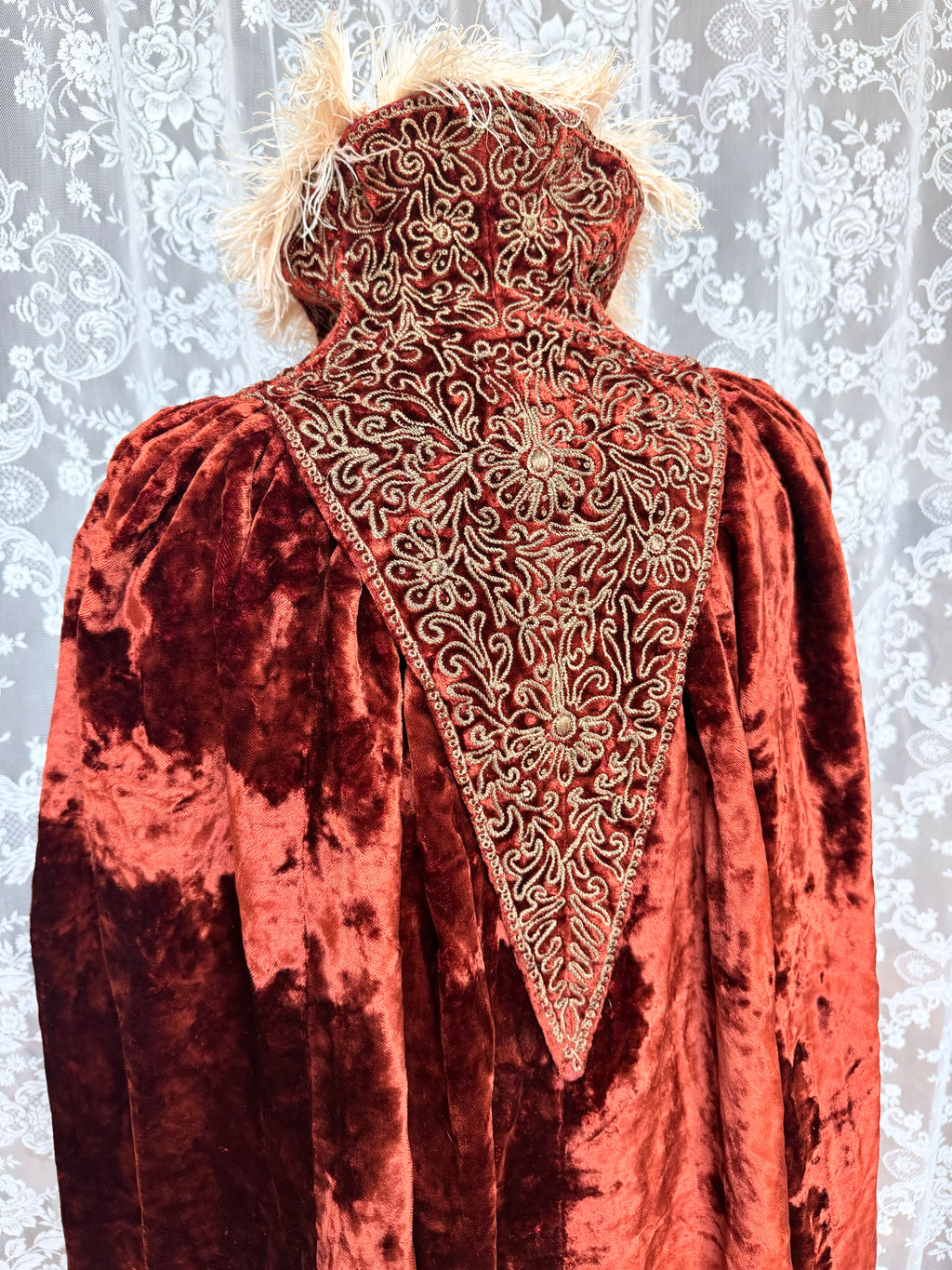 Antique Vintage Victorian Orange Velvet, Silk, & Feather Cape/Cloak