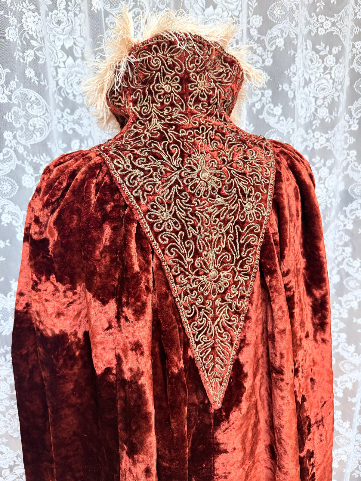 Antique Vintage Victorian Orange Velvet, Silk, & Feather Cape/Cloak