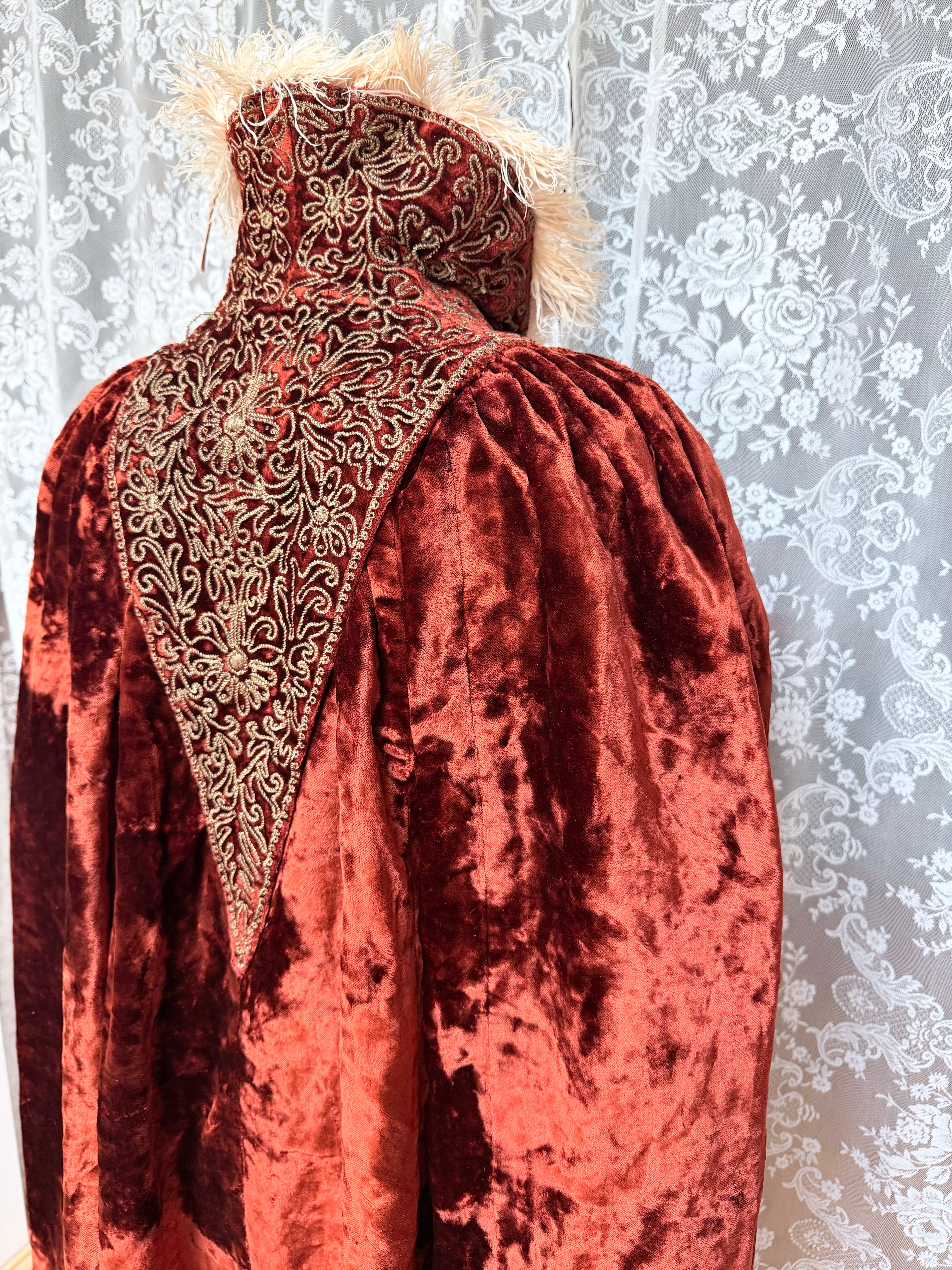 Antique Vintage Victorian Orange Velvet, Silk, & Feather Cape/Cloak