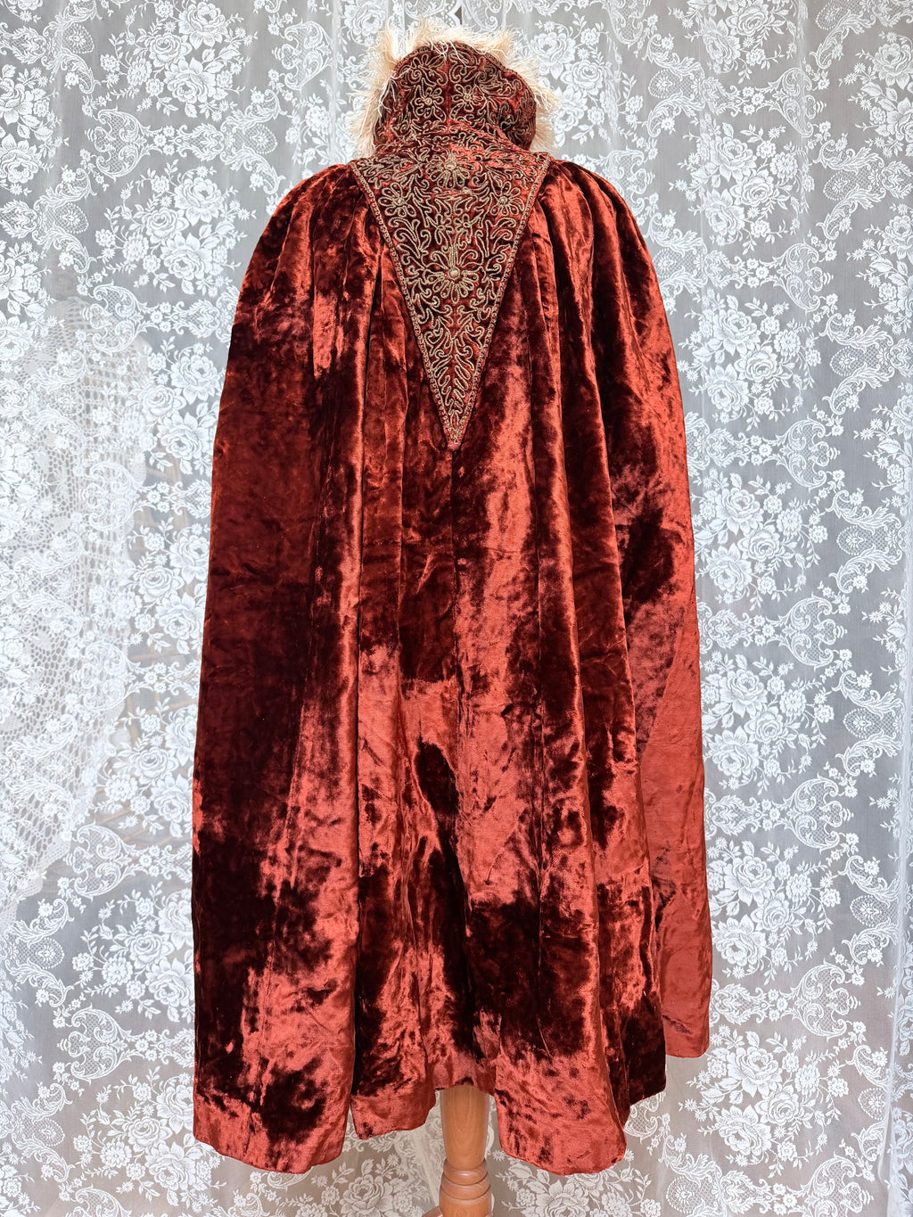 Antique Vintage Victorian Orange Velvet, Silk, & Feather Cape/Cloak