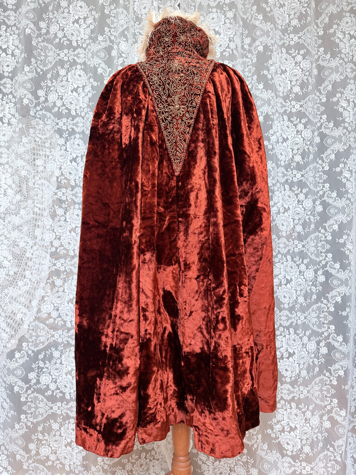 Antique Vintage Victorian Orange Velvet, Silk, & Feather Cape/Cloak