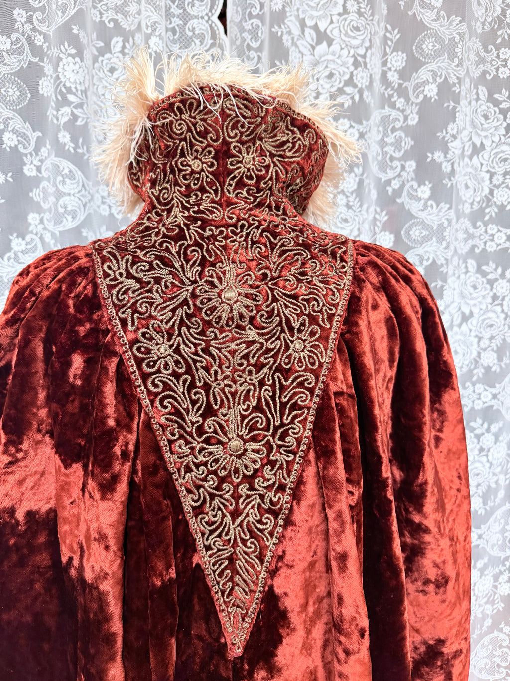 Antique Vintage Victorian Orange Velvet, Silk, & Feather Cape/Cloak
