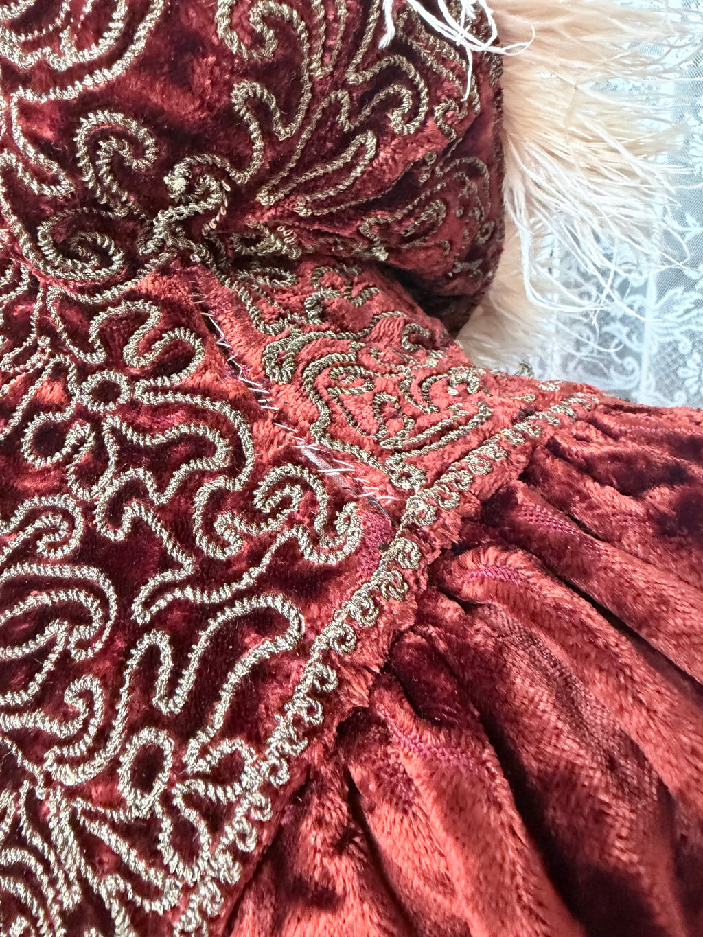 Antique Vintage Victorian Orange Velvet, Silk, & Feather Cape/Cloak