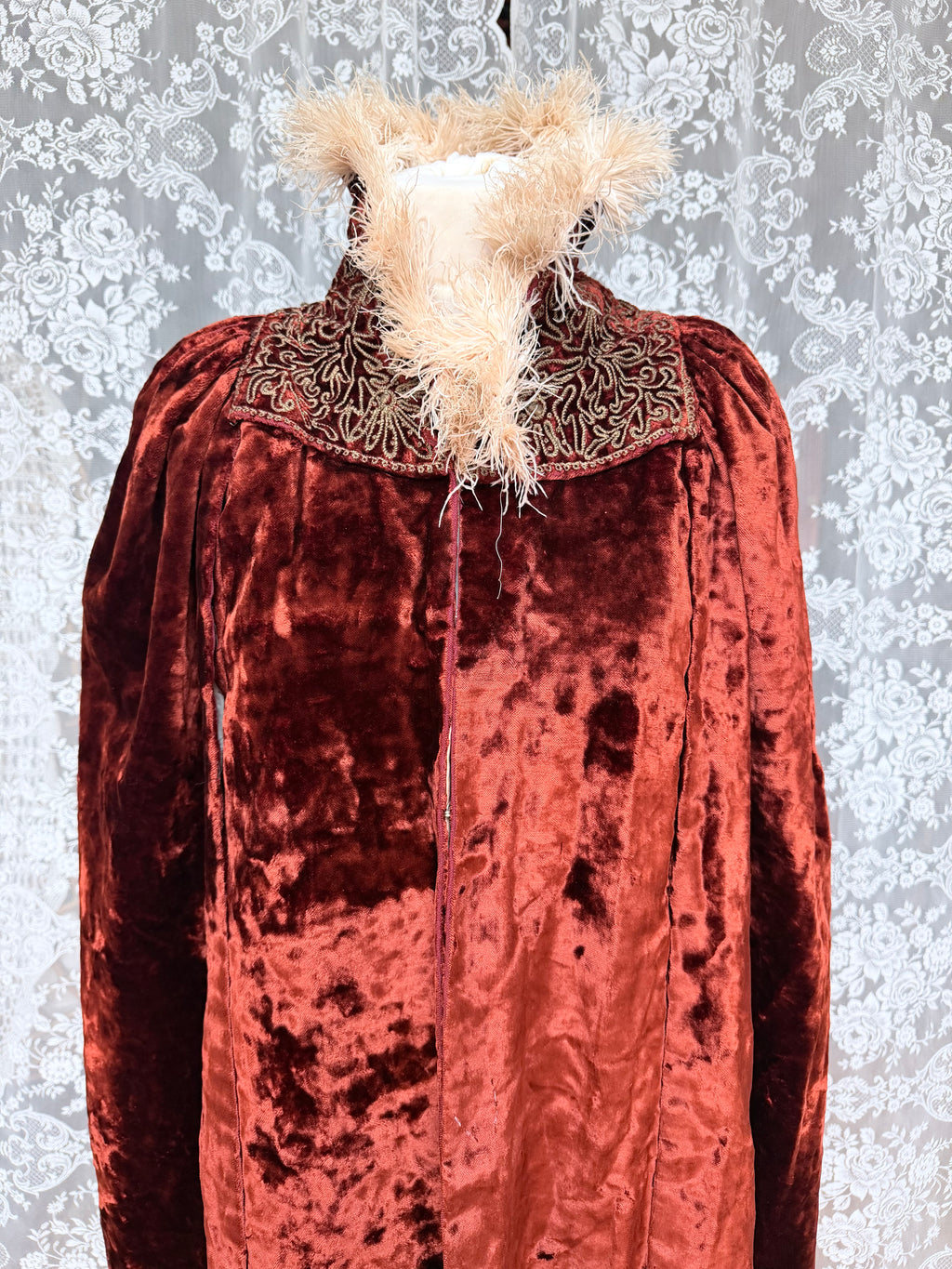 Antique Vintage Victorian Orange Velvet, Silk, & Feather Cape/Cloak