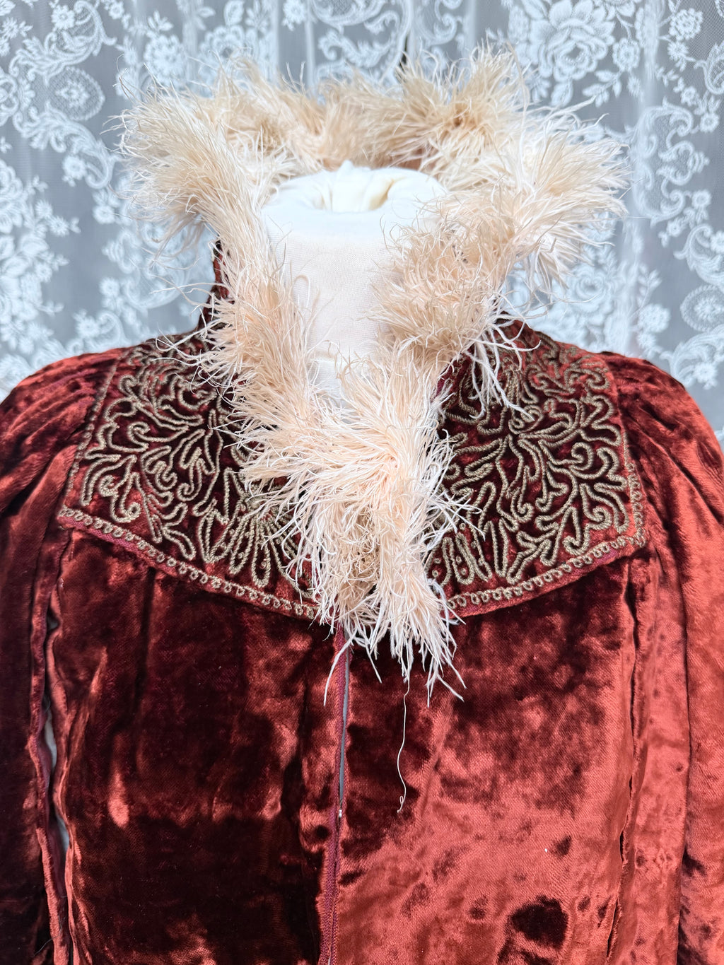 Antique Vintage Victorian Orange Velvet, Silk, & Feather Cape/Cloak