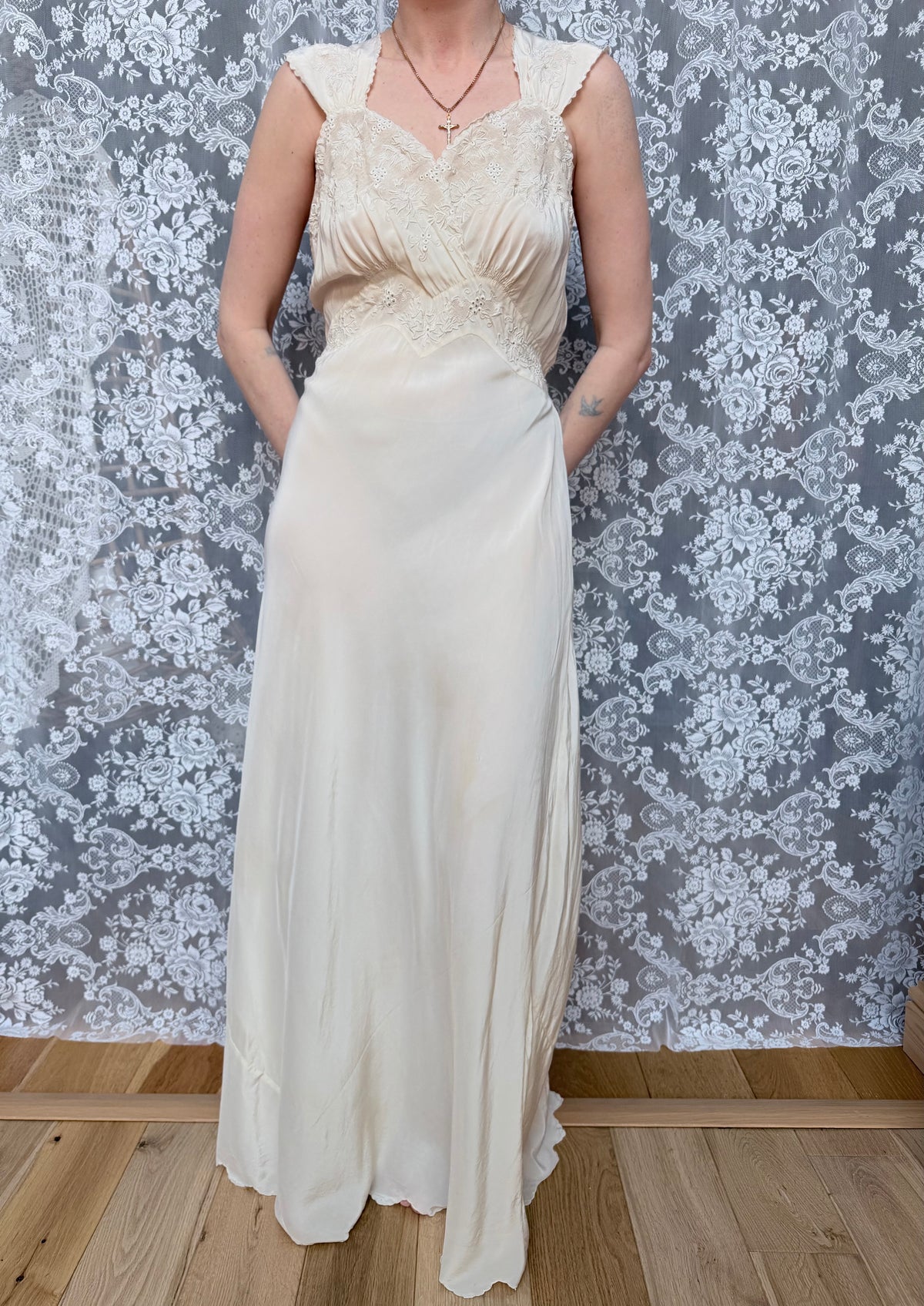 Antique 1930s Cream Silk Slip Wedding Dress With Broderie Anglaise
