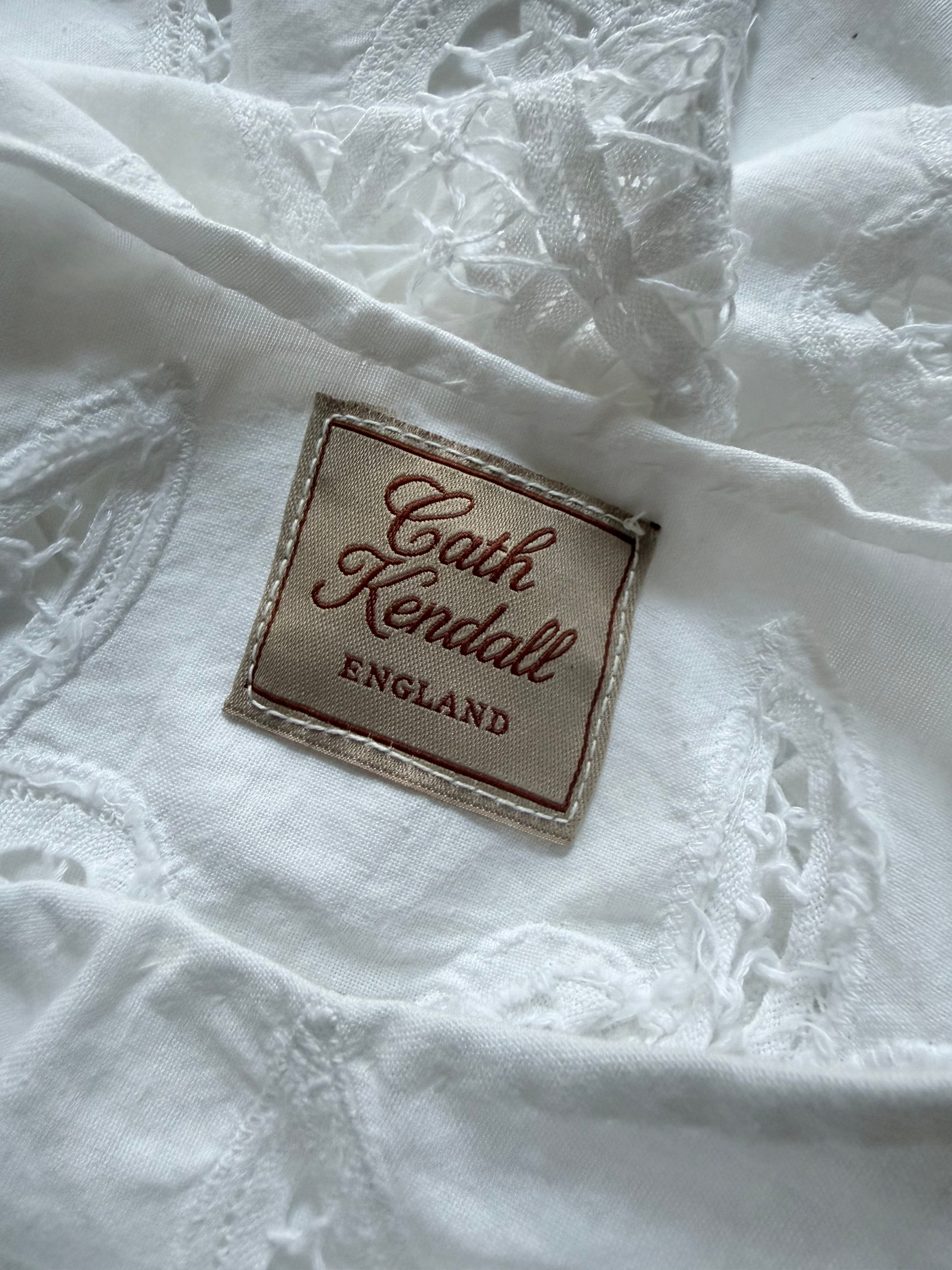 Handmade Vintage Floral Hand-Embroidered Applique Cotton Bell Sleeve Dress | Made From Old Tablecloth