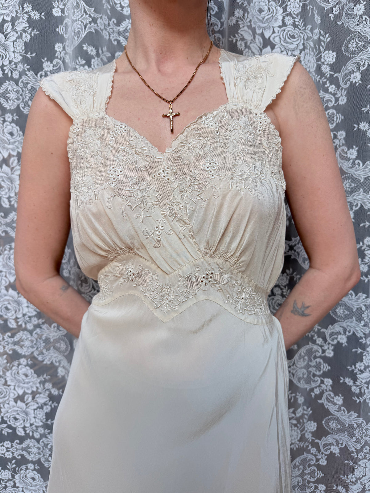 Antique 1930s Cream Silk Slip Wedding Dress With Broderie Anglaise