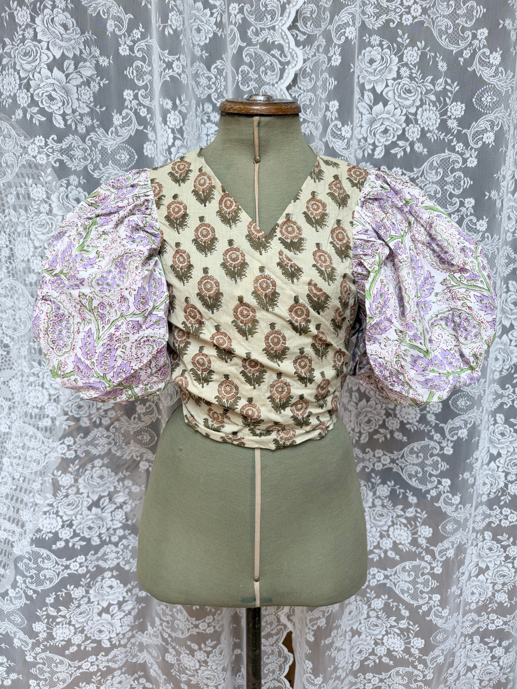 The Goldie Wisteria Puff Sleeve Wrap Blouse | Handmade Indian Block Print