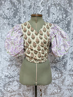 The Goldie Wisteria Puff Sleeve Wrap Blouse | Handmade Indian Block Print
