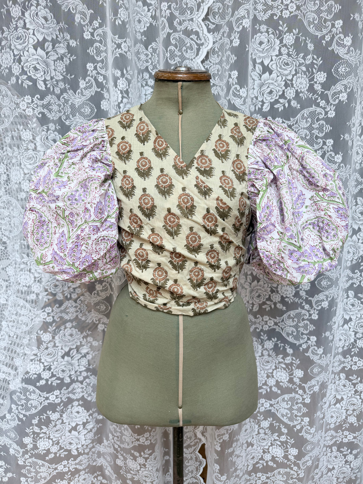 The Goldie Wisteria Puff Sleeve Wrap Blouse | Handmade Indian Block Print