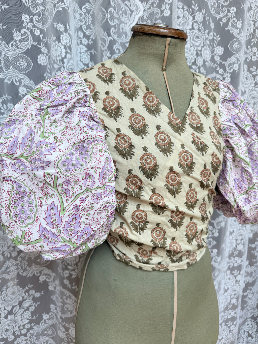 The Goldie Wisteria Puff Sleeve Wrap Blouse | Handmade Indian Block Print