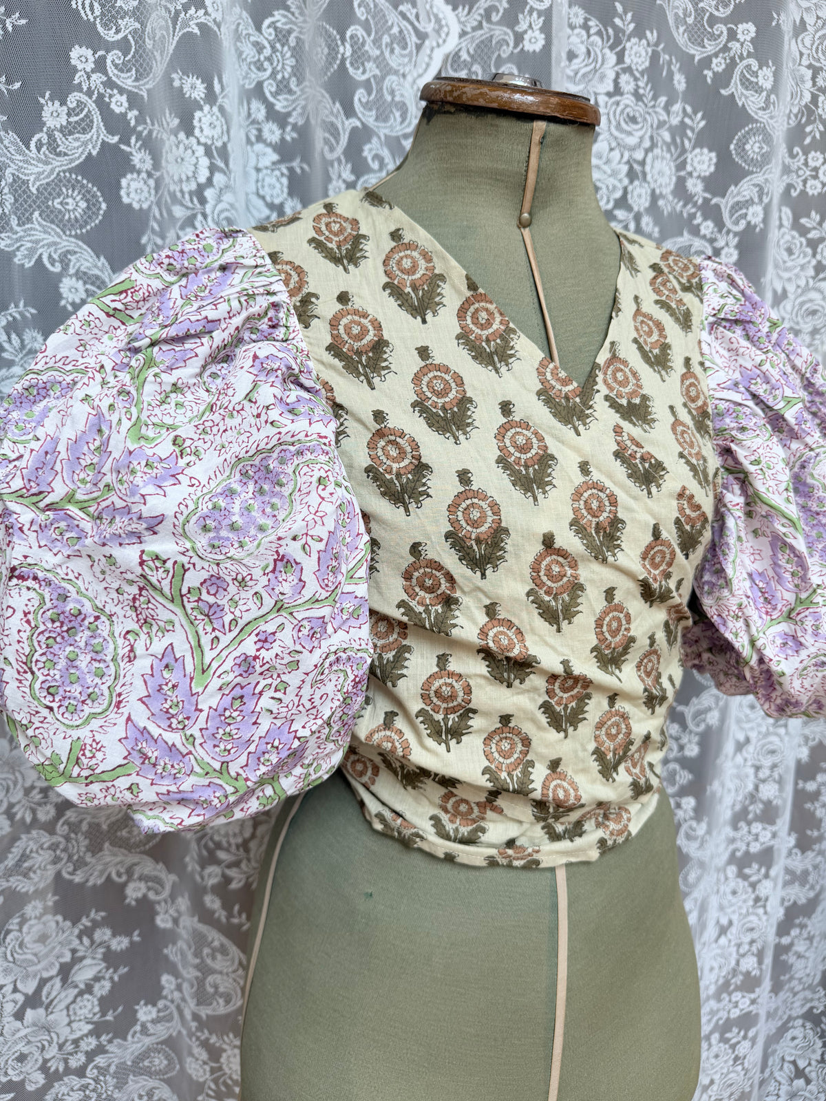 The Goldie Wisteria Puff Sleeve Wrap Blouse | Handmade Indian Block Print