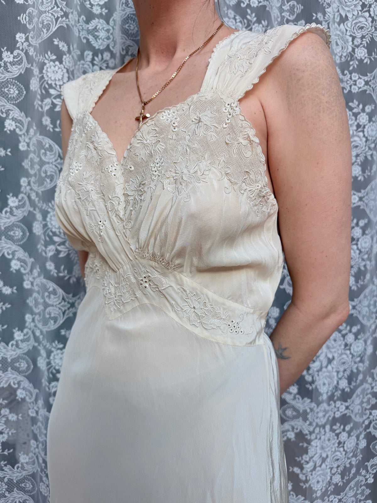 Antique 1930s Cream Silk Slip Wedding Dress With Broderie Anglaise