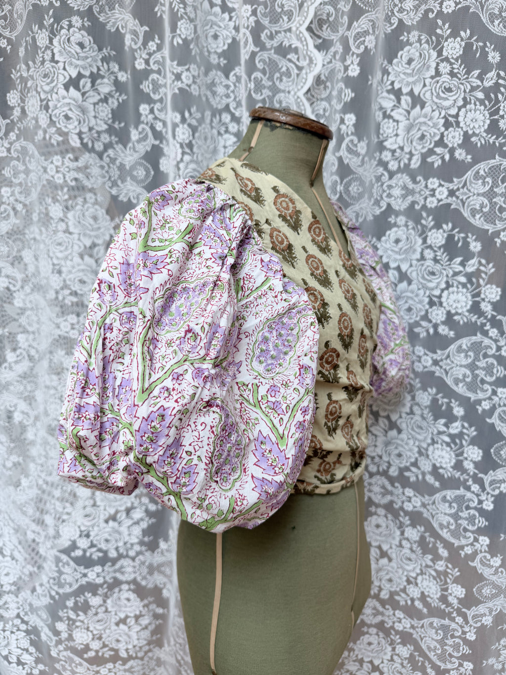 The Goldie Wisteria Puff Sleeve Wrap Blouse | Handmade Indian Block Print