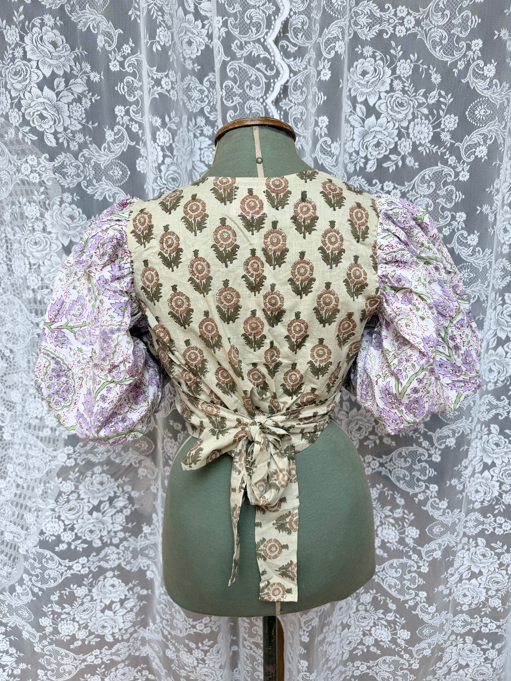 The Goldie Wisteria Puff Sleeve Wrap Blouse | Handmade Indian Block Print