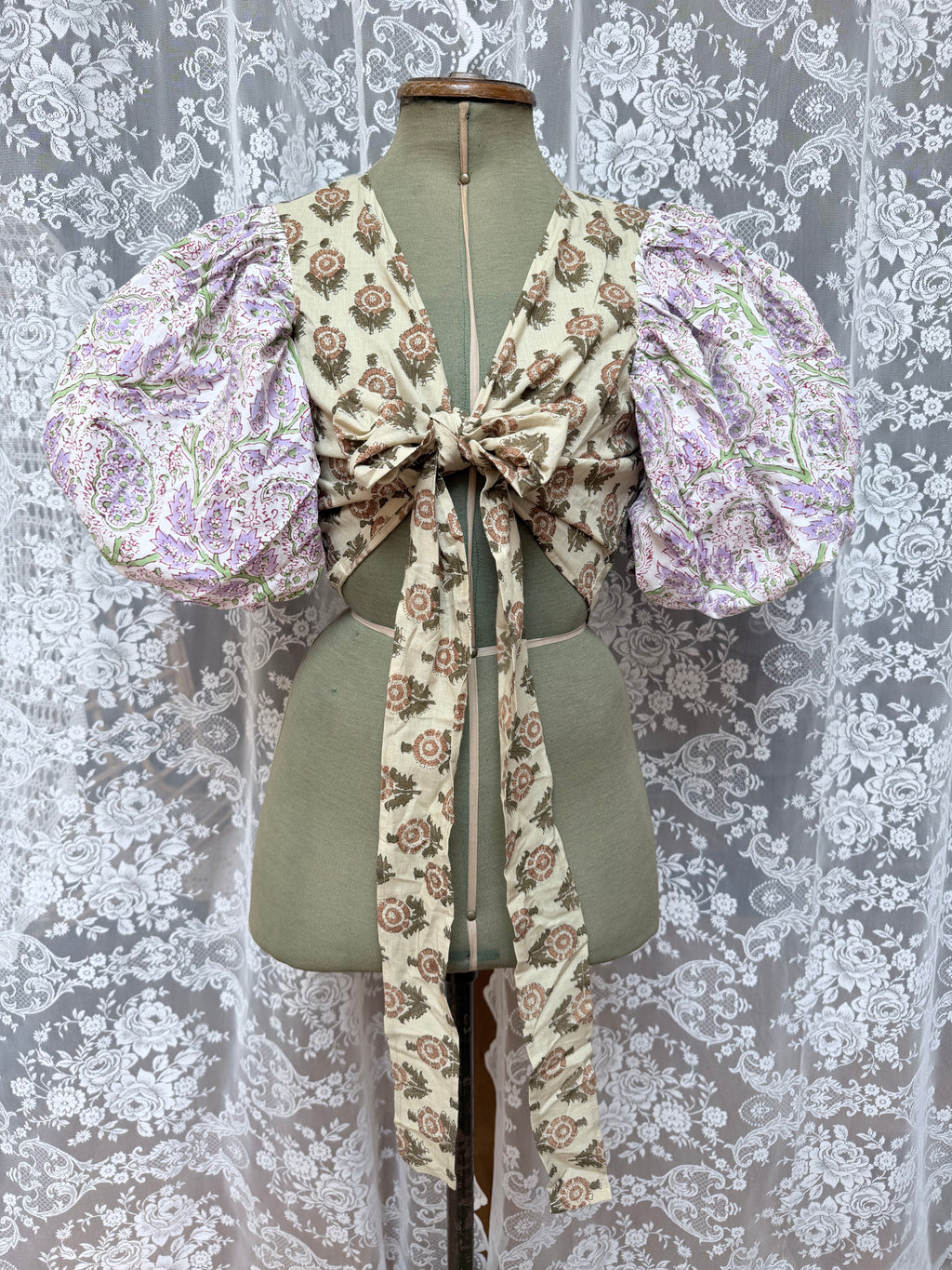 The Goldie Wisteria Puff Sleeve Wrap Blouse | Handmade Indian Block Print