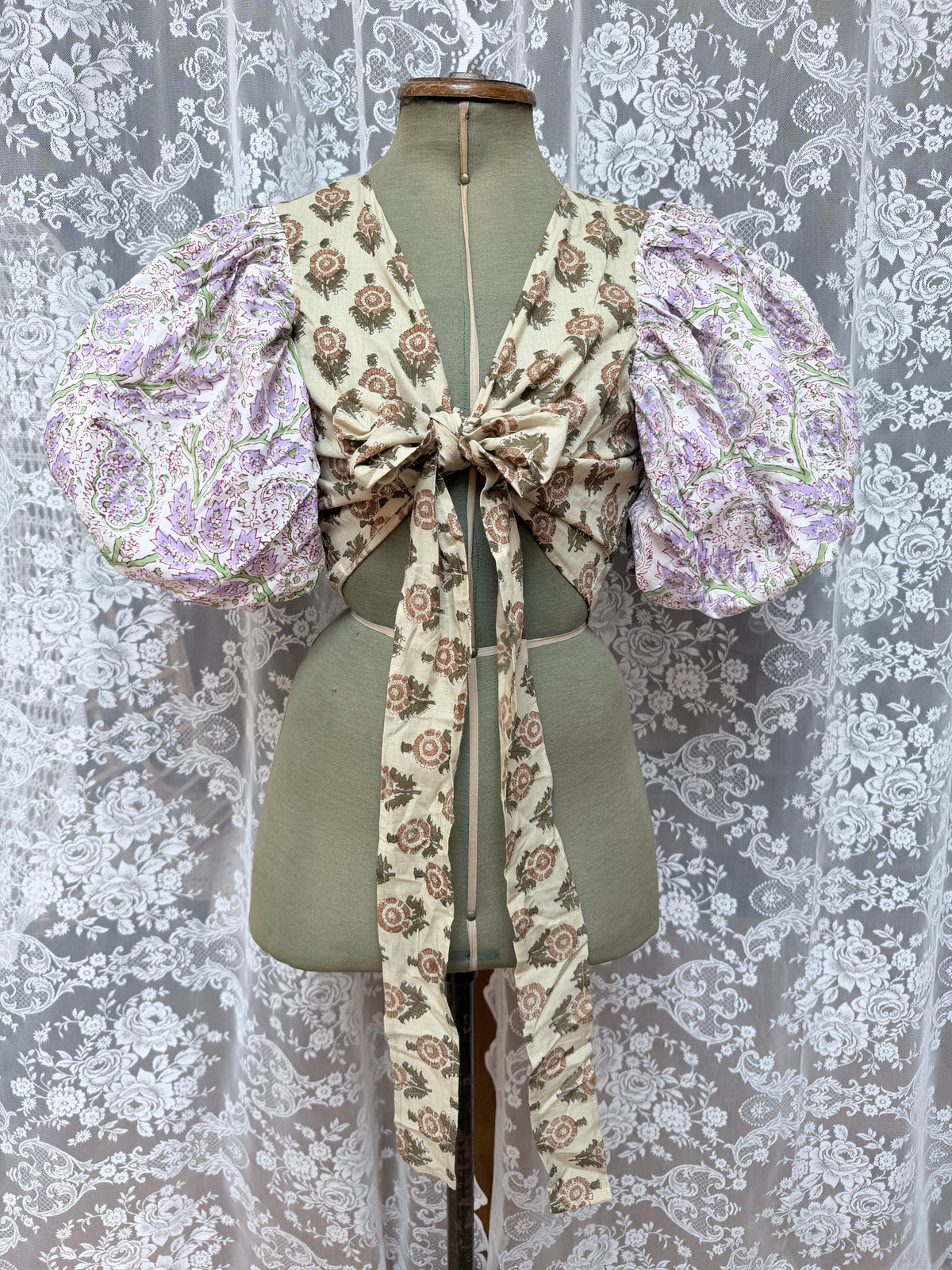 The Goldie Wisteria Puff Sleeve Wrap Blouse | Handmade Indian Block Print